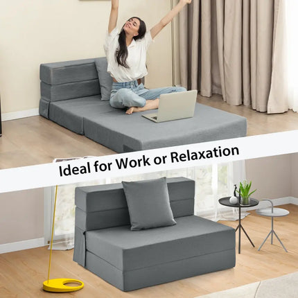 6 Inch Tri-fold Sofa Bed Folding Mattress with Pillow-Dark Gray - Dark Gray - Floor Chairs