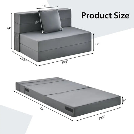 6 Inch Tri-fold Sofa Bed Folding Mattress with Pillow-Dark Gray - Dark Gray - Floor Chairs