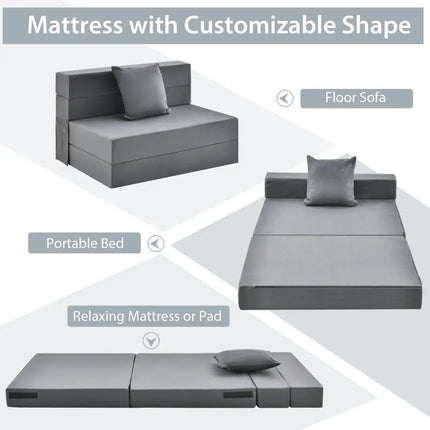 6 Inch Tri-fold Sofa Bed Folding Mattress with Pillow-Dark Gray - Dark Gray - Floor Chairs