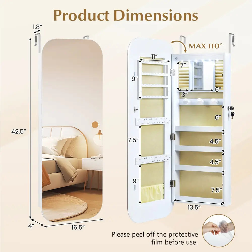 6 LEDs Mirror Jewelry Cabinet Wall or Door Mounted Lockable Jewelry Organizer-White - White - Jewelry Armoires
