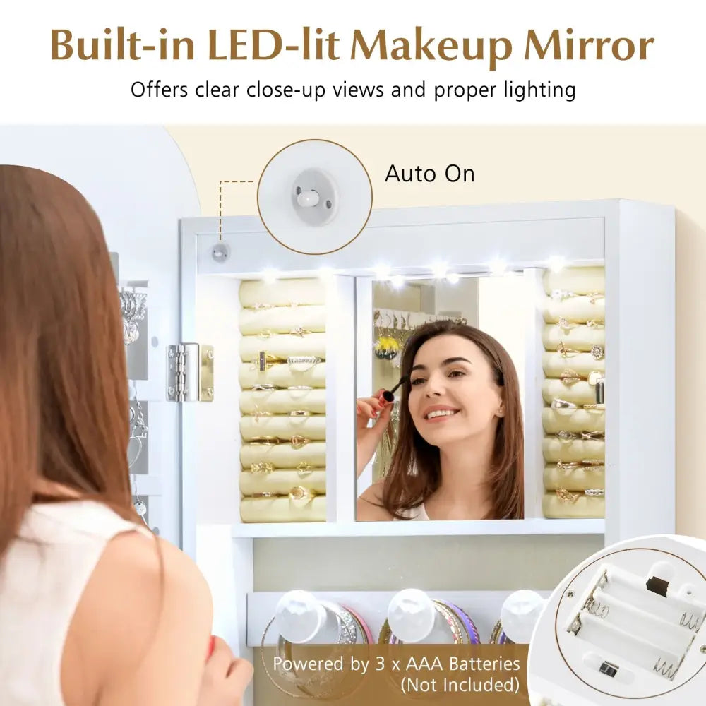 6 LEDs Mirror Jewelry Cabinet Wall or Door Mounted Lockable Jewelry Organizer-White - White - Jewelry Armoires
