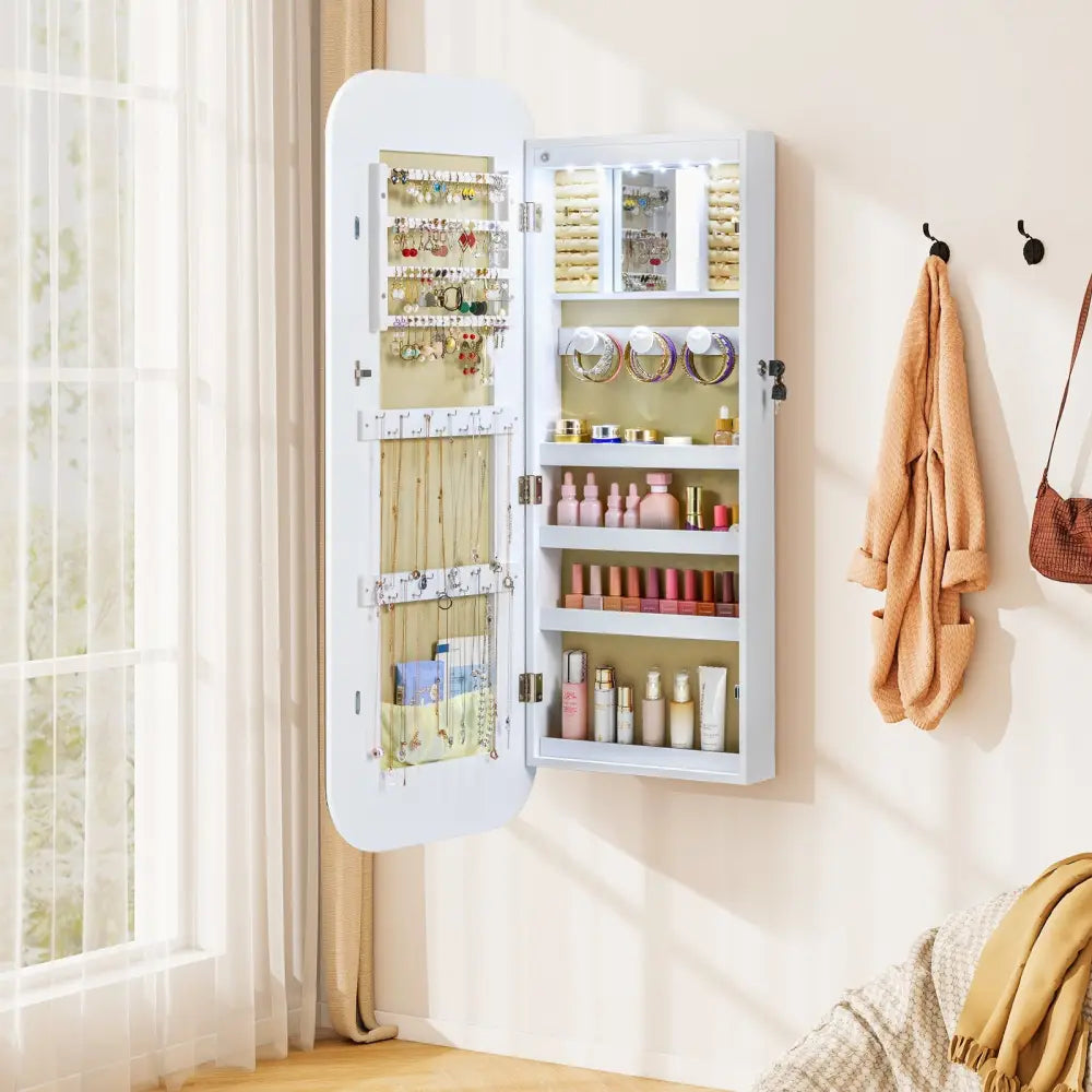 6 LEDs Mirror Jewelry Cabinet Wall or Door Mounted Lockable Jewelry Organizer-White - White - Jewelry Armoires