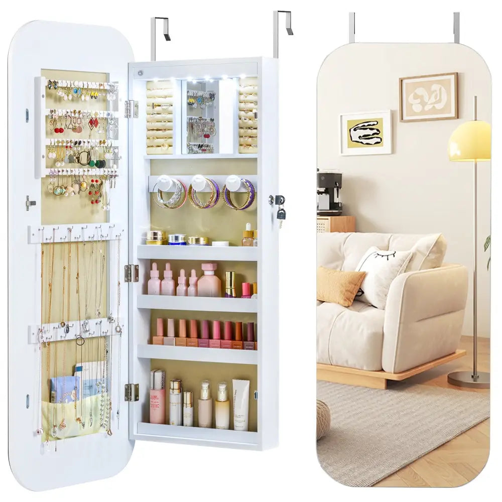6 LEDs Mirror Jewelry Cabinet Wall or Door Mounted Lockable Jewelry Organizer-White - White - Jewelry Armoires