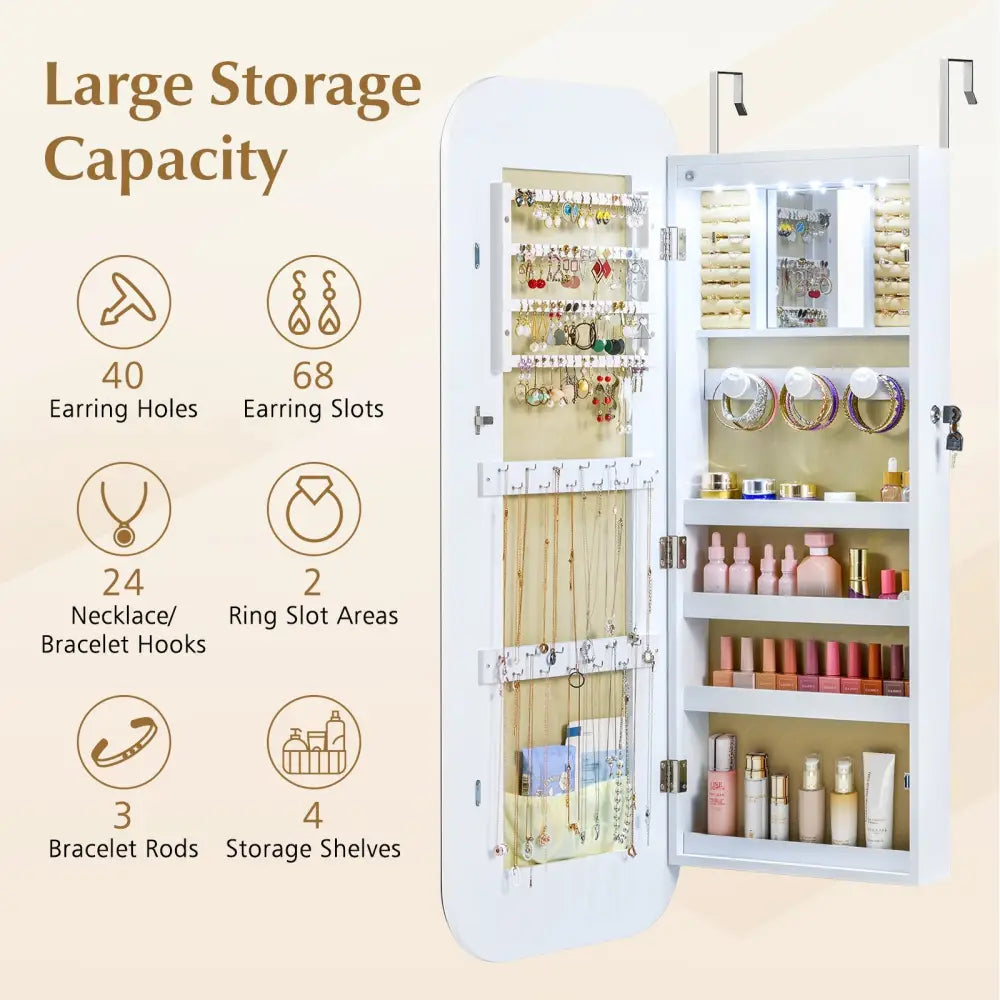 6 LEDs Mirror Jewelry Cabinet Wall or Door Mounted Lockable Jewelry Organizer-White - White - Jewelry Armoires