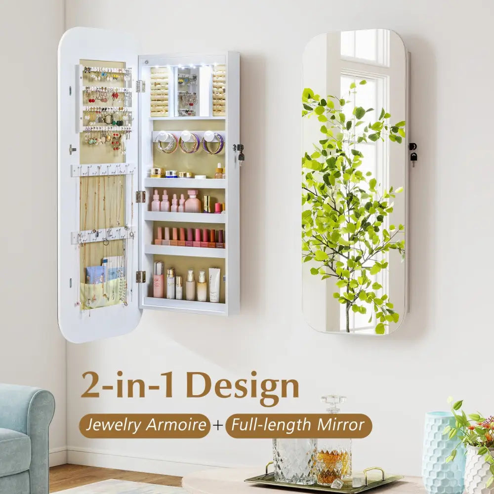 6 LEDs Mirror Jewelry Cabinet Wall or Door Mounted Lockable Jewelry Organizer-White - White - Jewelry Armoires