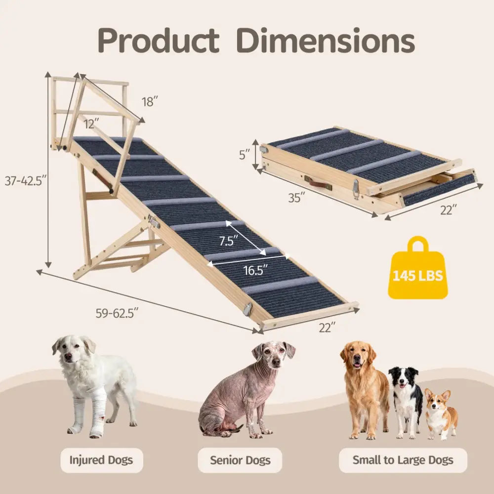 6-level Height Adjustable Foldable Dog Ramp for High Bed Couch-Dark Gray - Dark Gray - Dog Supplies