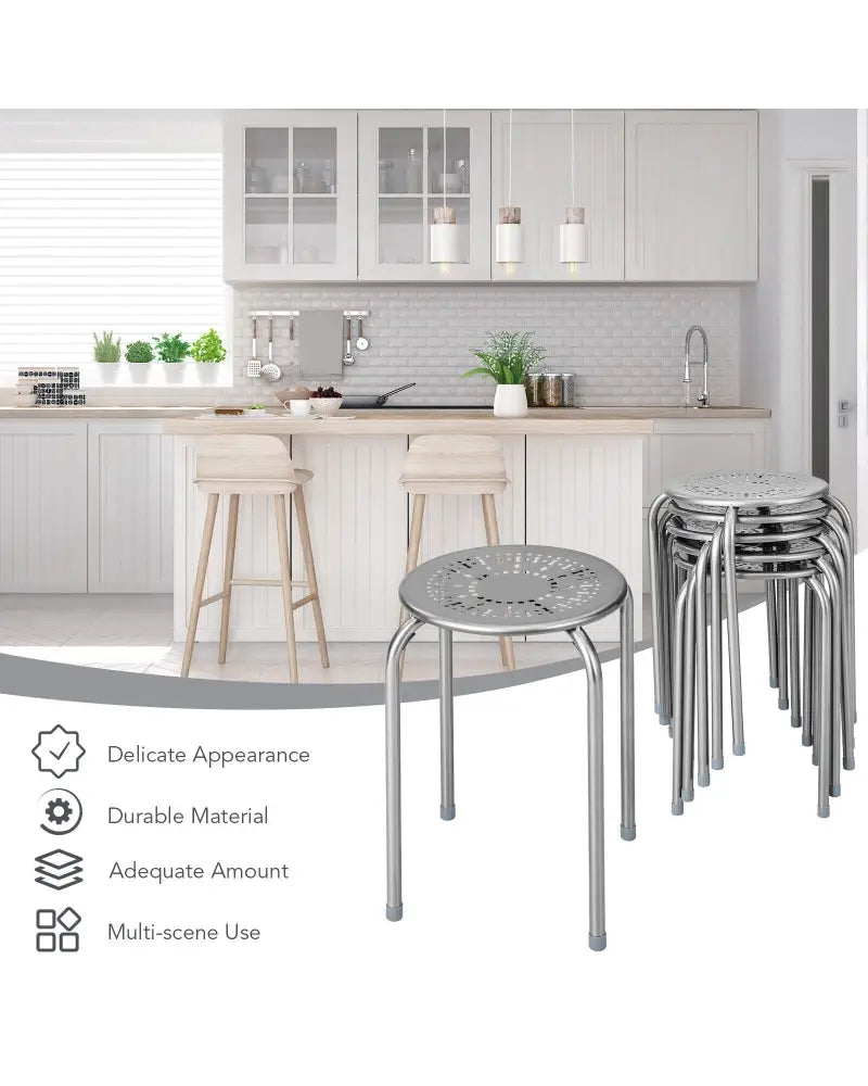 6-Pack Stackable Multifunctional Daisy Design Backless Round Metal Stool Set-Grey - Gray - Dining Chairs