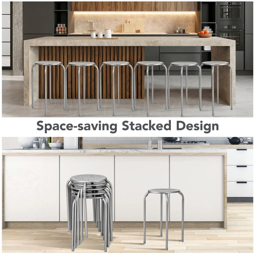 6-Pack Stackable Multifunctional Daisy Design Backless Round Metal Stool Set-Grey - Gray - Dining Chairs