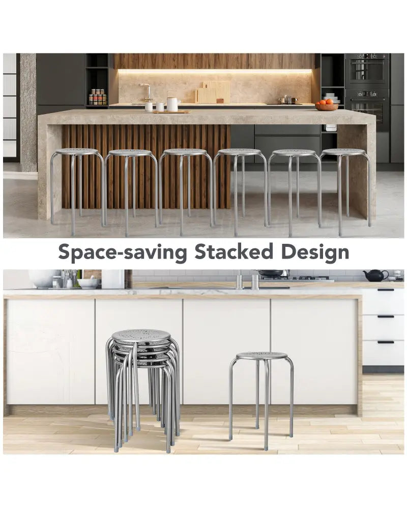 6-Pack Stackable Multifunctional Daisy Design Backless Round Metal Stool Set-Grey - Gray - Dining Chairs