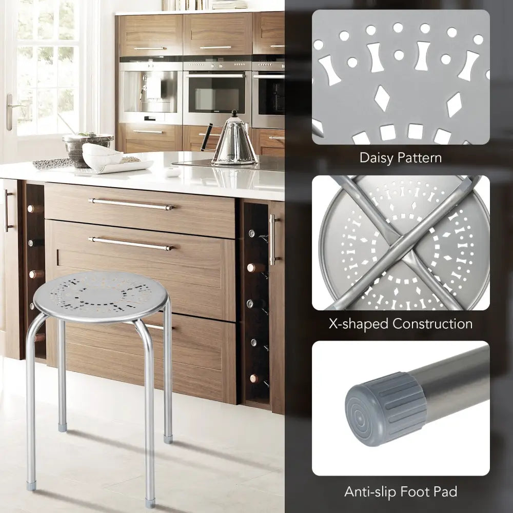 6-Pack Stackable Multifunctional Daisy Design Backless Round Metal Stool Set-Grey - Gray - Dining Chairs
