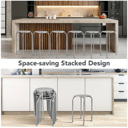 6-Pack Stackable Multifunctional Daisy Design Backless Round Metal Stool Set-Grey - Gray - Dining Chairs