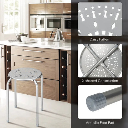 6-Pack Stackable Multifunctional Daisy Design Backless Round Metal Stool Set-Grey - Gray - Dining Chairs