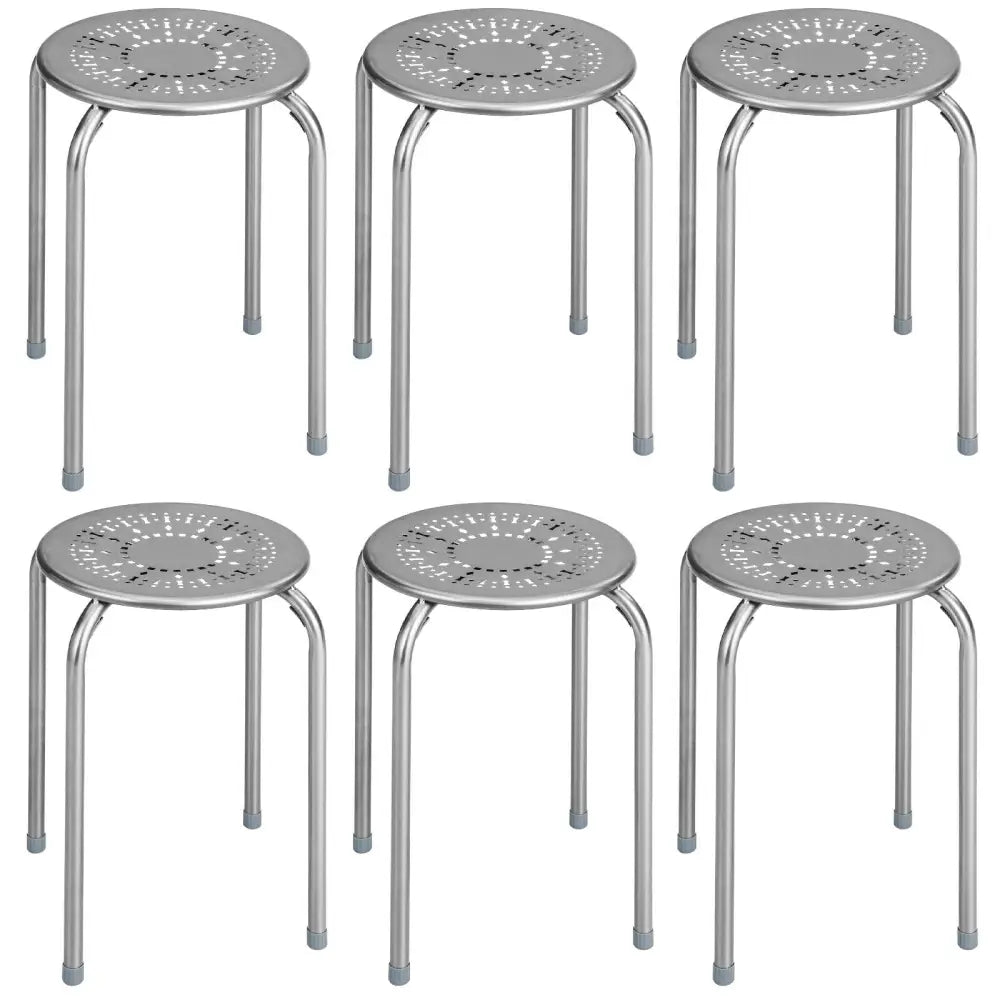 6-Pack Stackable Multifunctional Daisy Design Backless Round Metal Stool Set-Grey - Gray - Dining Chairs