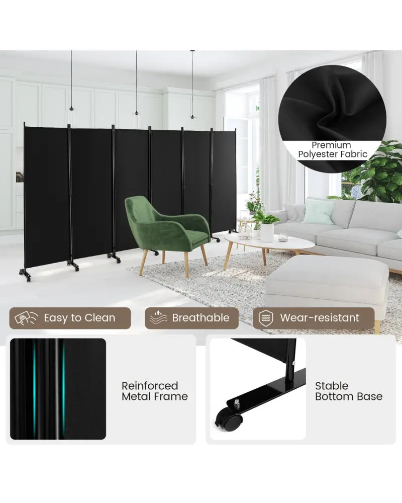 6 Panel 5.7 Feet Tall Rolling Room Divider on Wheels-Black - Black - Room Dividers