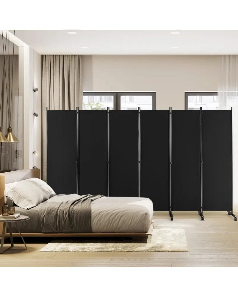 6 Panel 5.7 Feet Tall Rolling Room Divider on Wheels-Black - Black - Room Dividers