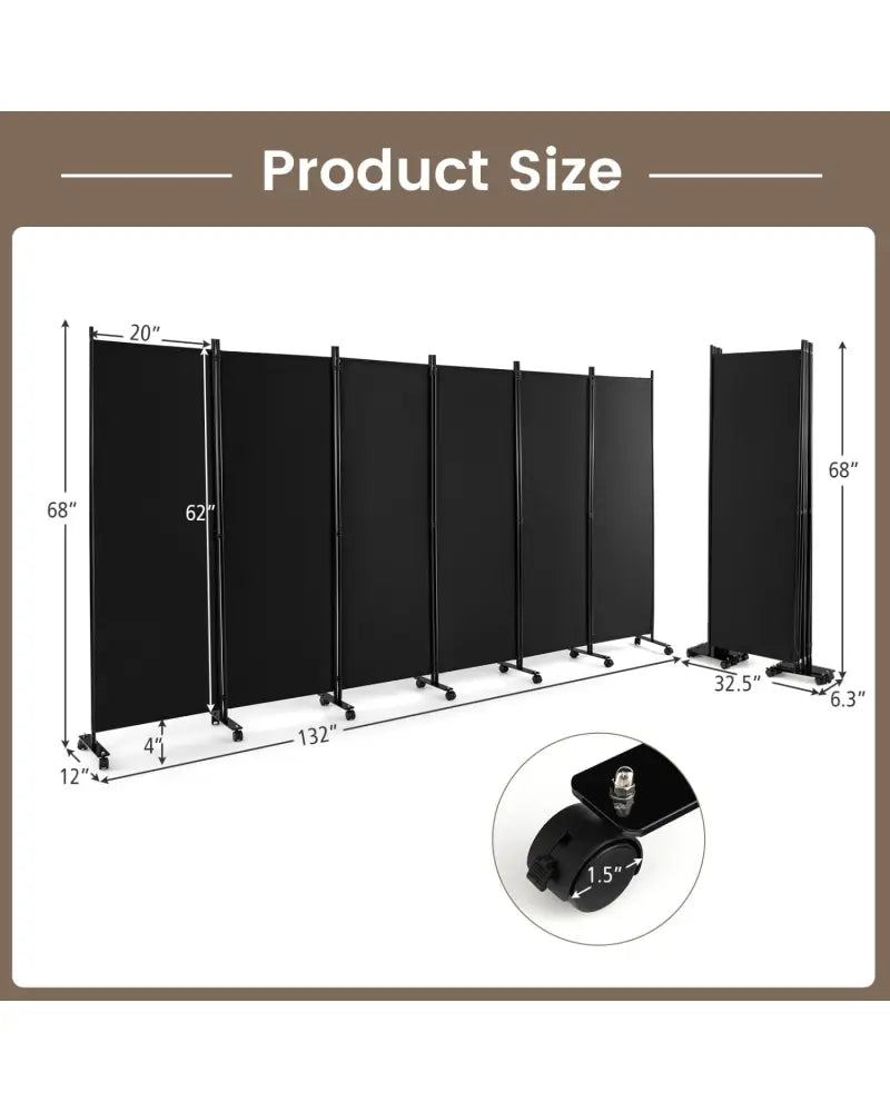 6 Panel 5.7 Feet Tall Rolling Room Divider on Wheels-Black - Black - Room Dividers