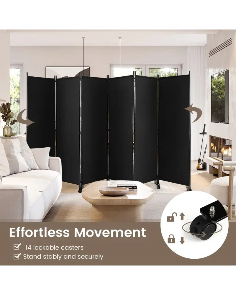 6 Panel 5.7 Feet Tall Rolling Room Divider on Wheels-Black - Black - Room Dividers