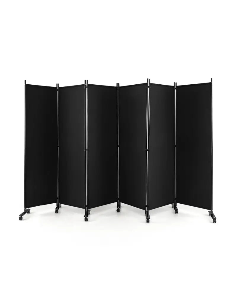 6 Panel 5.7 Feet Tall Rolling Room Divider on Wheels-Black - Black - Room Dividers