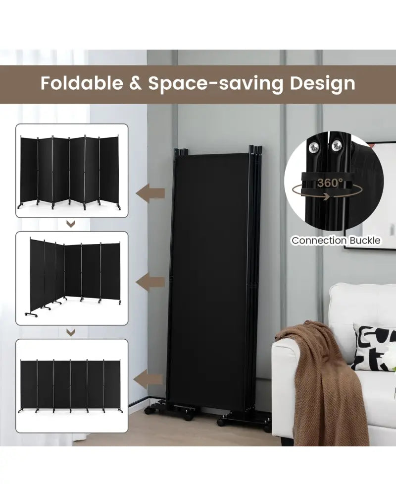 6 Panel 5.7 Feet Tall Rolling Room Divider on Wheels-Black - Black - Room Dividers