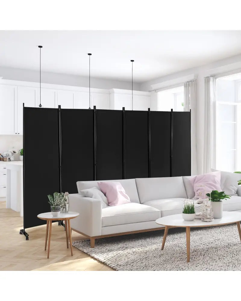 6 Panel 5.7 Feet Tall Rolling Room Divider on Wheels-Black - Black - Room Dividers