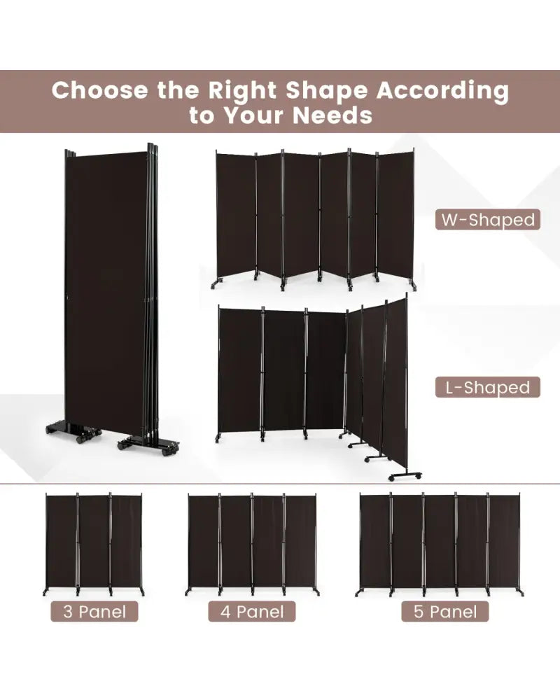 6 Panel 5.7 Feet Tall Rolling Room Divider on Wheels-Brown - Brown - Room Dividers