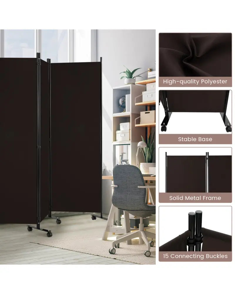 6 Panel 5.7 Feet Tall Rolling Room Divider on Wheels-Brown - Brown - Room Dividers