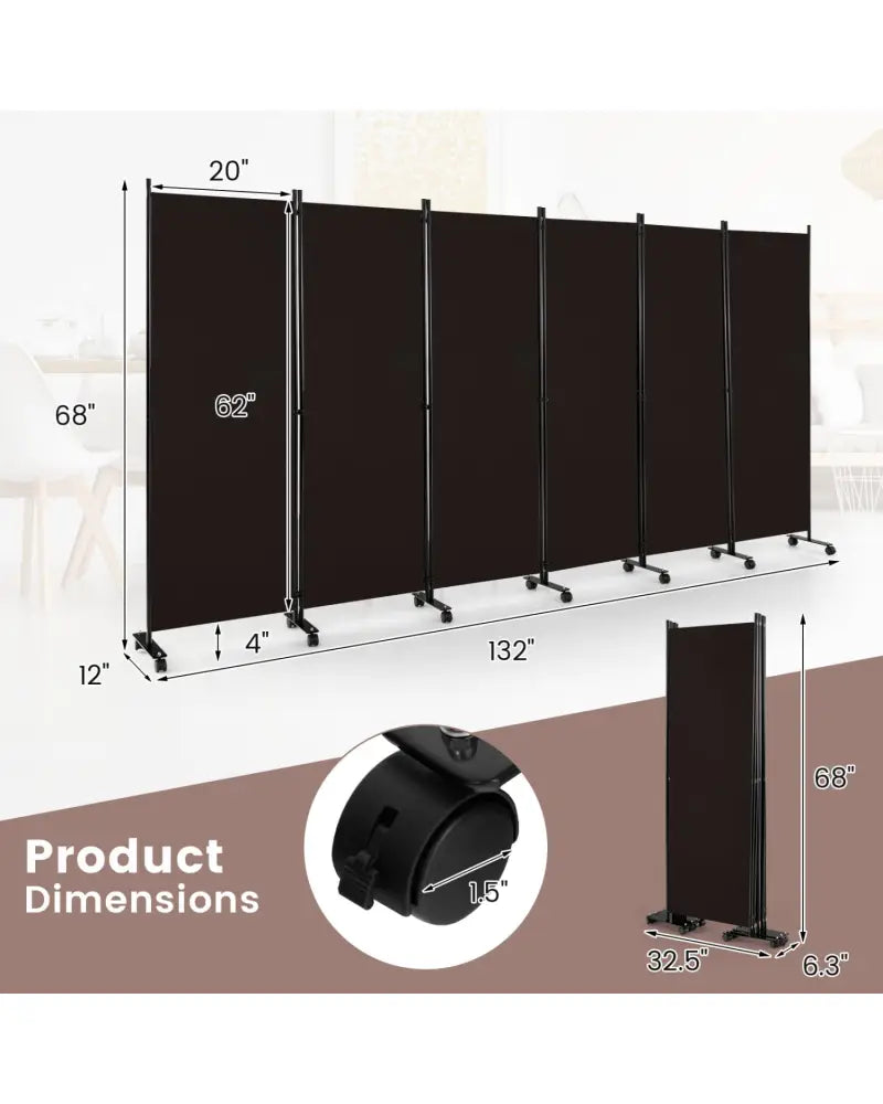6 Panel 5.7 Feet Tall Rolling Room Divider on Wheels-Brown - Brown - Room Dividers