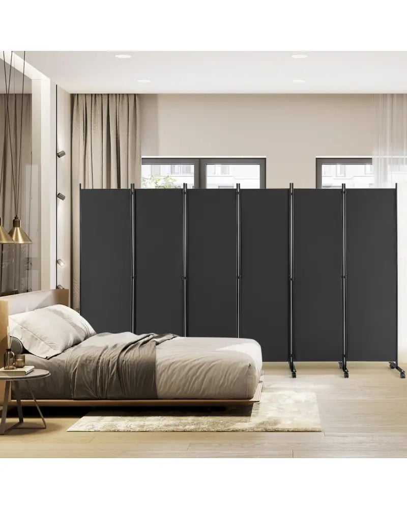 6 Panel 5.7 Feet Tall Rolling Room Divider on Wheels-Gray - Gray - Room Dividers