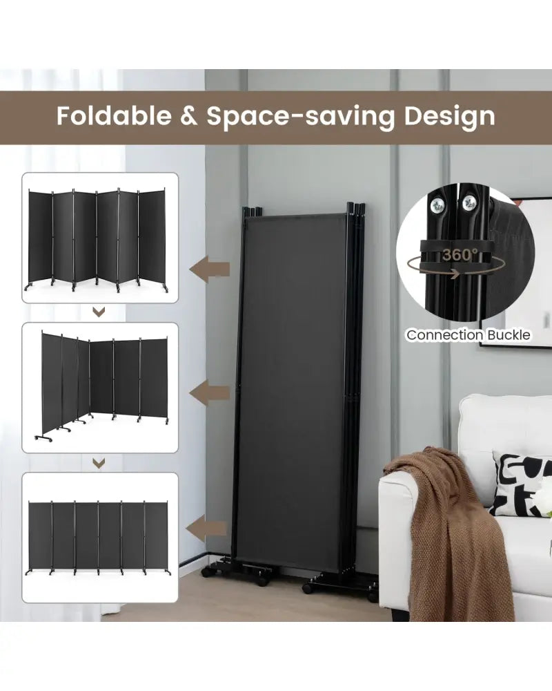 6 Panel 5.7 Feet Tall Rolling Room Divider on Wheels-Gray - Gray - Room Dividers