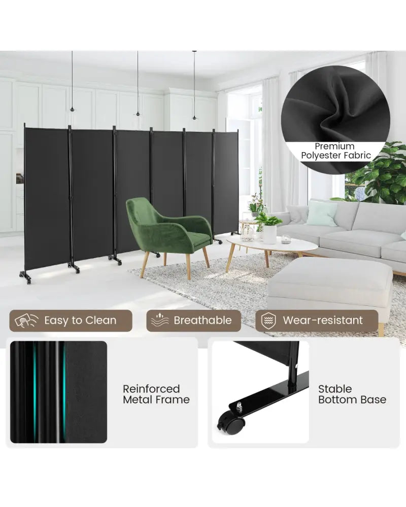 6 Panel 5.7 Feet Tall Rolling Room Divider on Wheels-Gray - Gray - Room Dividers