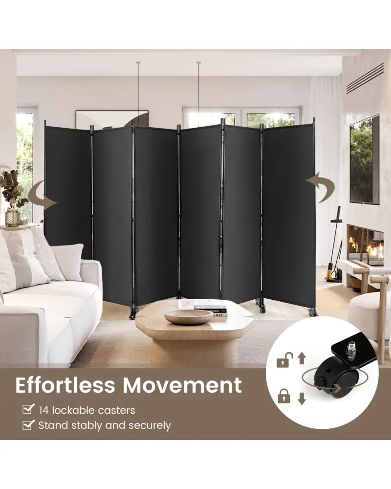 6 Panel 5.7 Feet Tall Rolling Room Divider on Wheels-Gray - Gray - Room Dividers