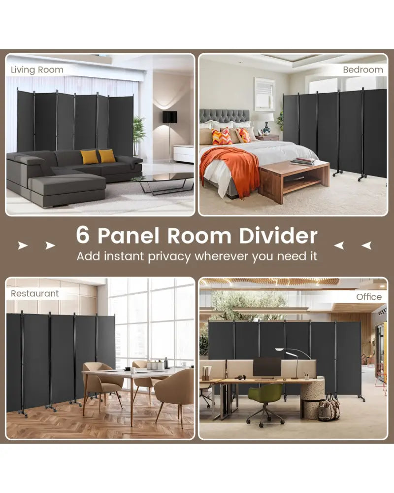 6 Panel 5.7 Feet Tall Rolling Room Divider on Wheels-Gray - Gray - Room Dividers