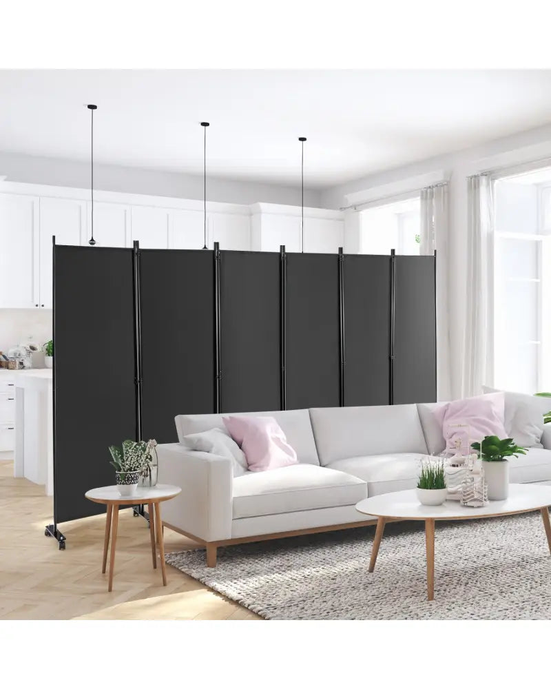 6 Panel 5.7 Feet Tall Rolling Room Divider on Wheels-Gray - Gray - Room Dividers