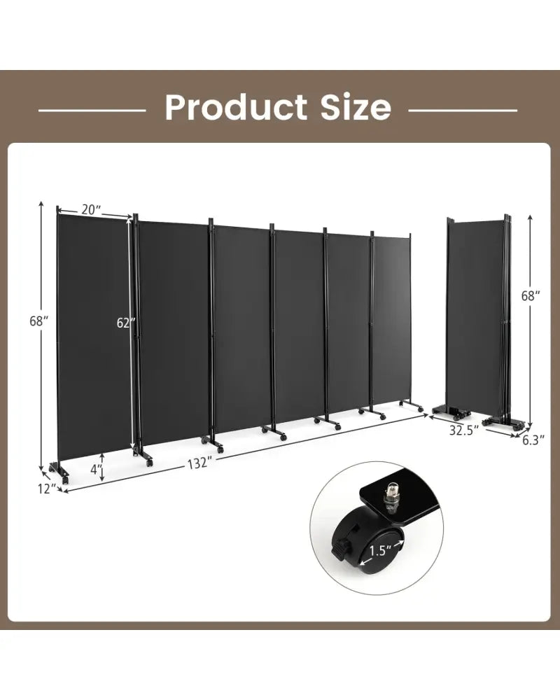 6 Panel 5.7 Feet Tall Rolling Room Divider on Wheels-Gray - Gray - Room Dividers