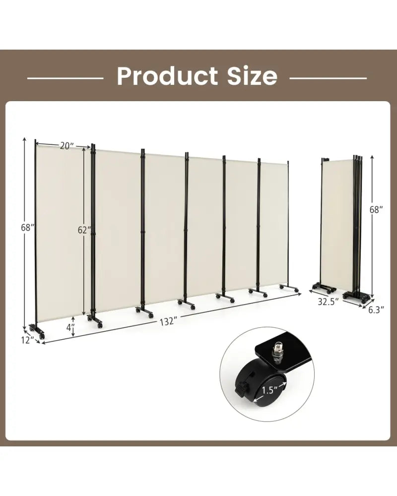 6 Panel 5.7 Feet Tall Rolling Room Divider on Wheels-White - White - Room Dividers