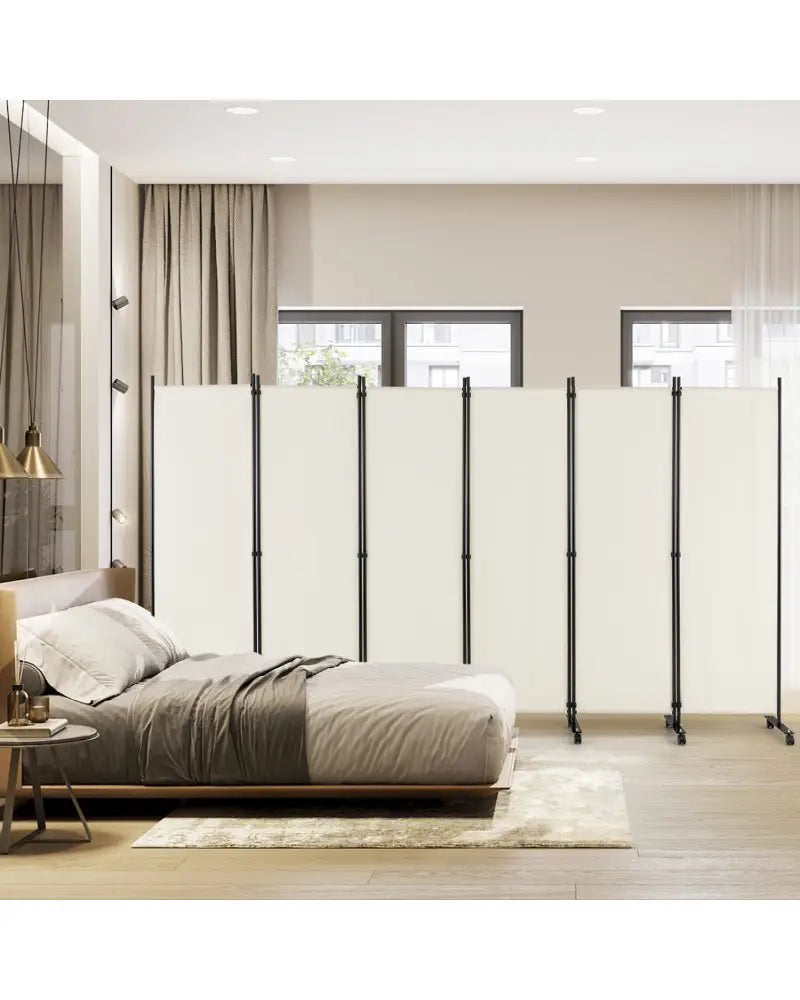 6 Panel 5.7 Feet Tall Rolling Room Divider on Wheels-White - White - Room Dividers