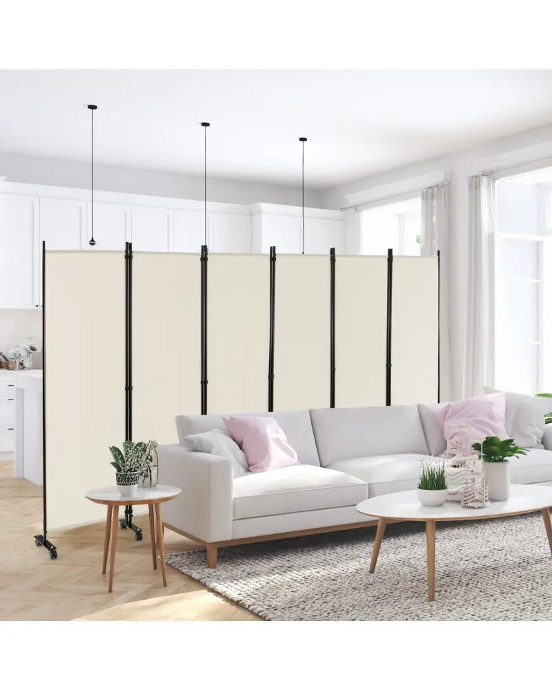 6 Panel 5.7 Feet Tall Rolling Room Divider on Wheels-White - White - Room Dividers
