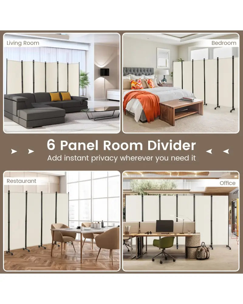 6 Panel 5.7 Feet Tall Rolling Room Divider on Wheels-White - White - Room Dividers