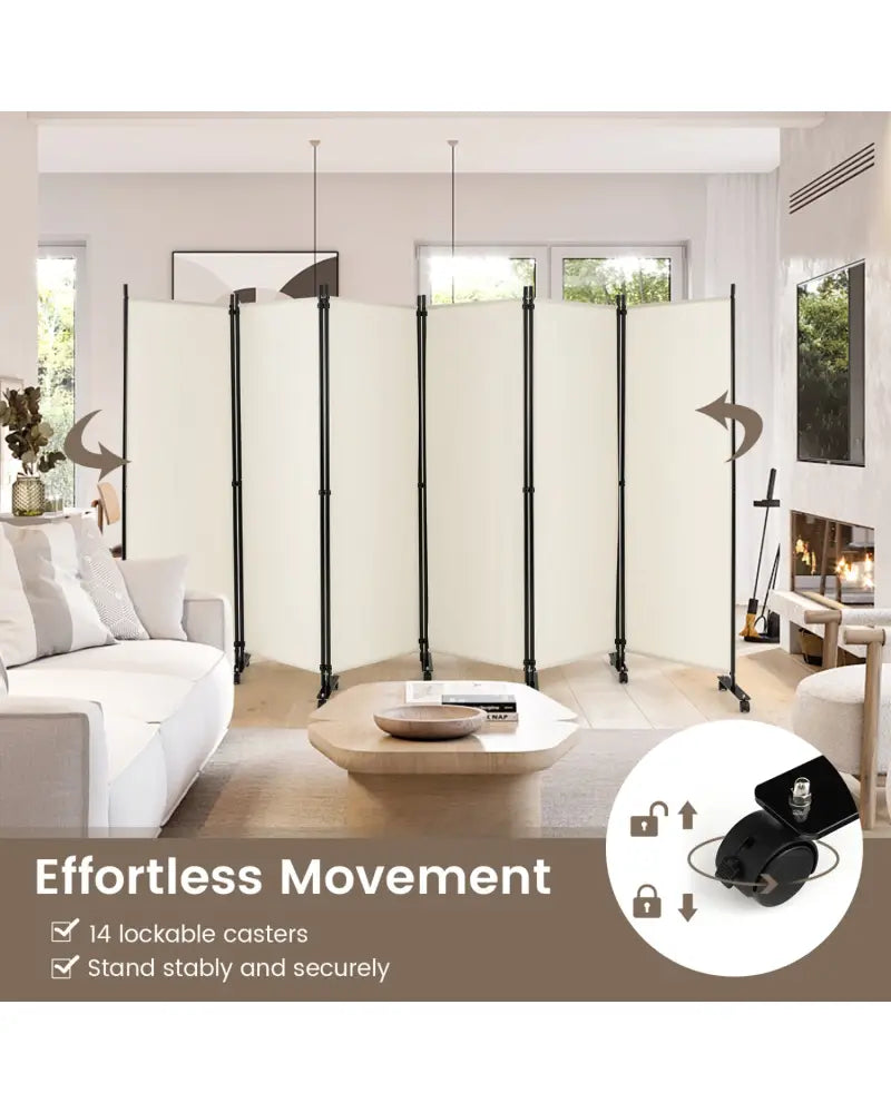 6 Panel 5.7 Feet Tall Rolling Room Divider on Wheels-White - White - Room Dividers