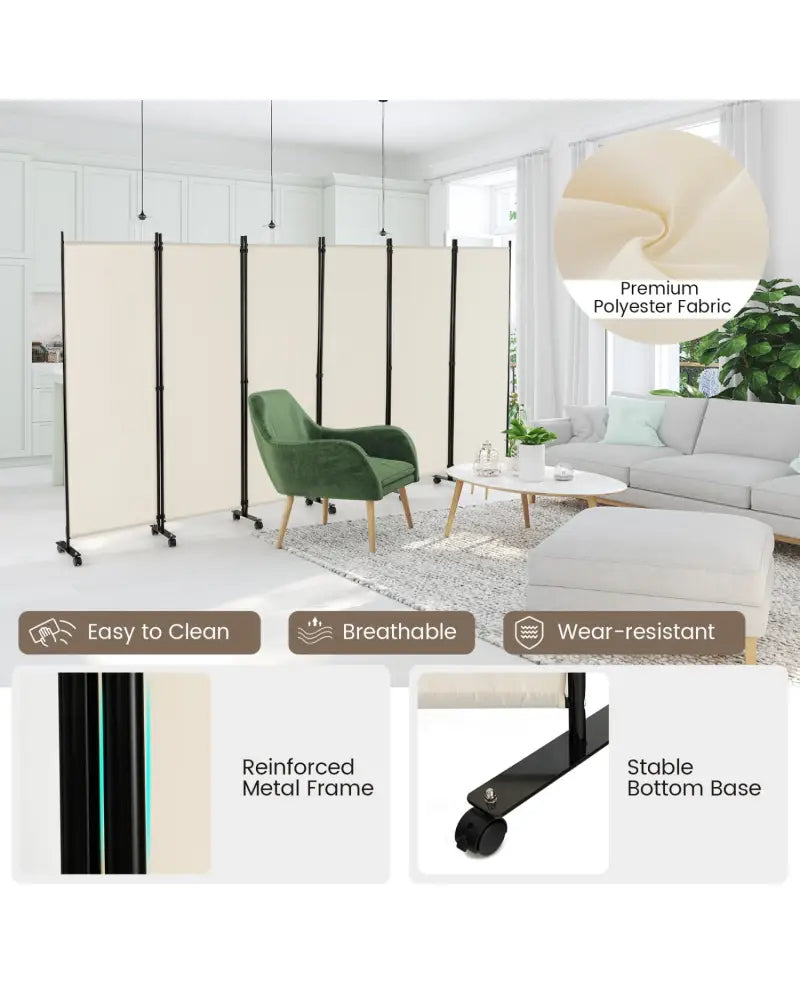 6 Panel 5.7 Feet Tall Rolling Room Divider on Wheels-White - White - Room Dividers