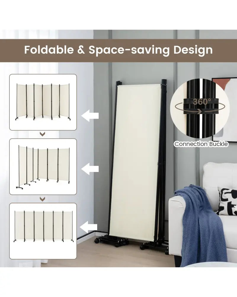 6 Panel 5.7 Feet Tall Rolling Room Divider on Wheels-White - White - Room Dividers