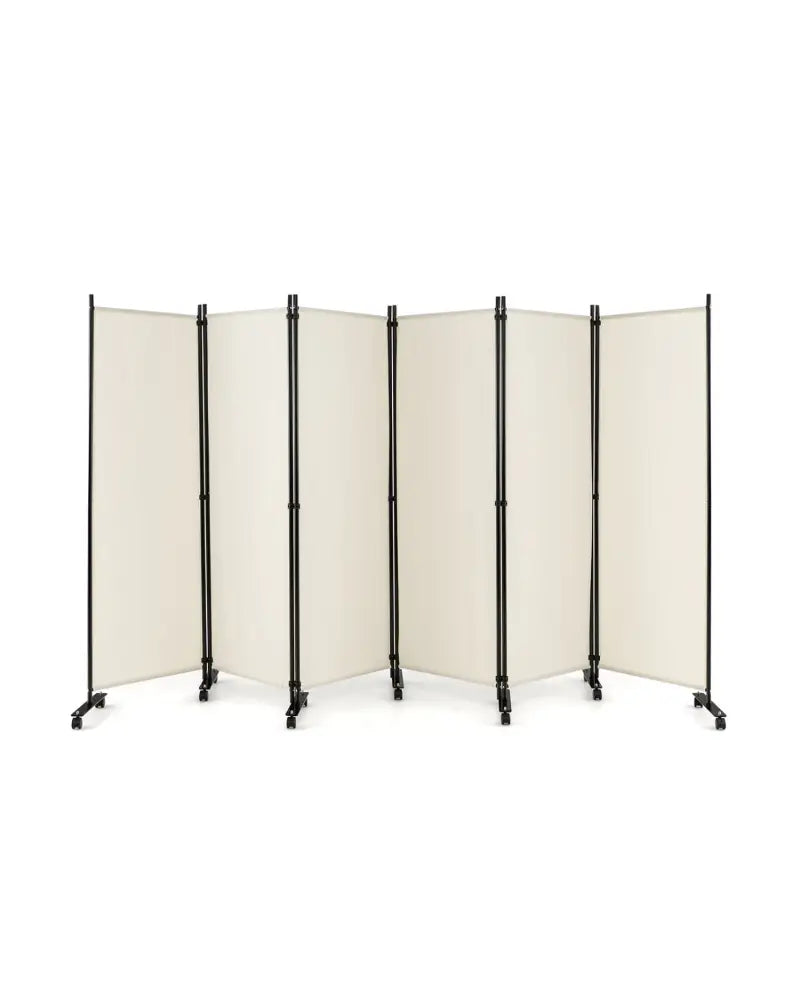 6 Panel 5.7 Feet Tall Rolling Room Divider on Wheels-White - White - Room Dividers