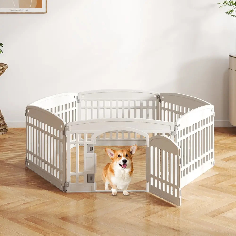 6-Panel Plastic Dog Playpen 24 Inch Indoor Outdoor Pet Fence with Locking Door-White - White - Pet Gate