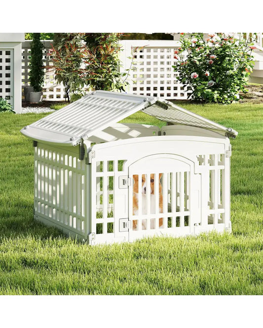 6-Panel Plastic Dog Playpen 24 Inch Indoor Outdoor Pet Fence with Locking Door-White - White - Pet Gate