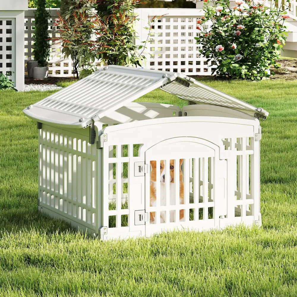 6-Panel Plastic Dog Playpen 24 Inch Indoor Outdoor Pet Fence with Locking Door-White - White - Pet Gate
