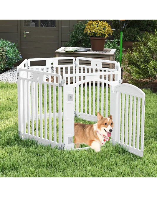 6-Panel Tall Dog Playpen Foldable Pet Fence with Locking Door-White - White - Pet Gate