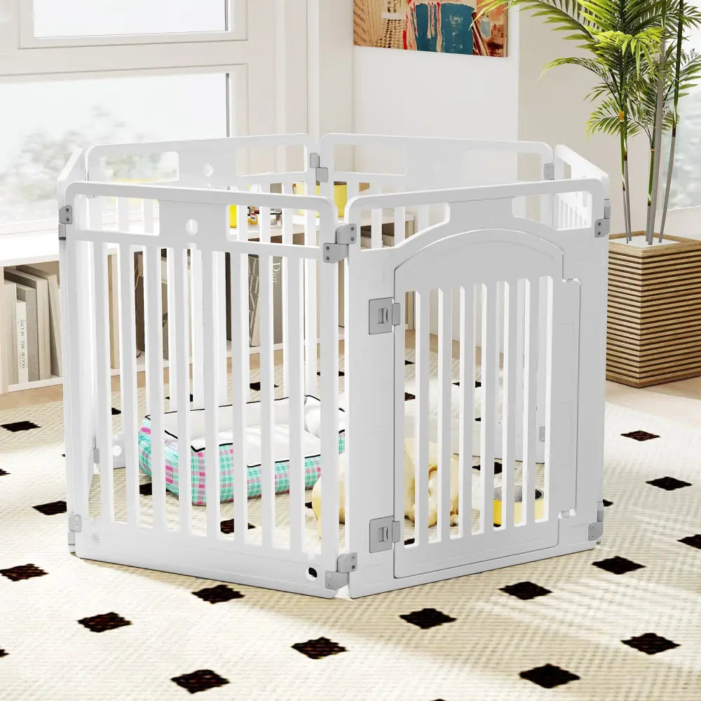 6-Panel Tall Dog Playpen Foldable Pet Fence with Locking Door-White - White - Pet Gate