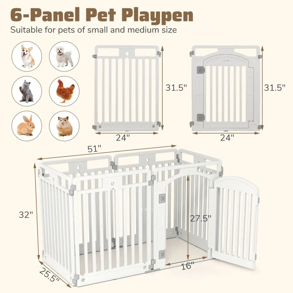 6-Panel Tall Dog Playpen Foldable Pet Fence with Locking Door-White - White - Pet Gate