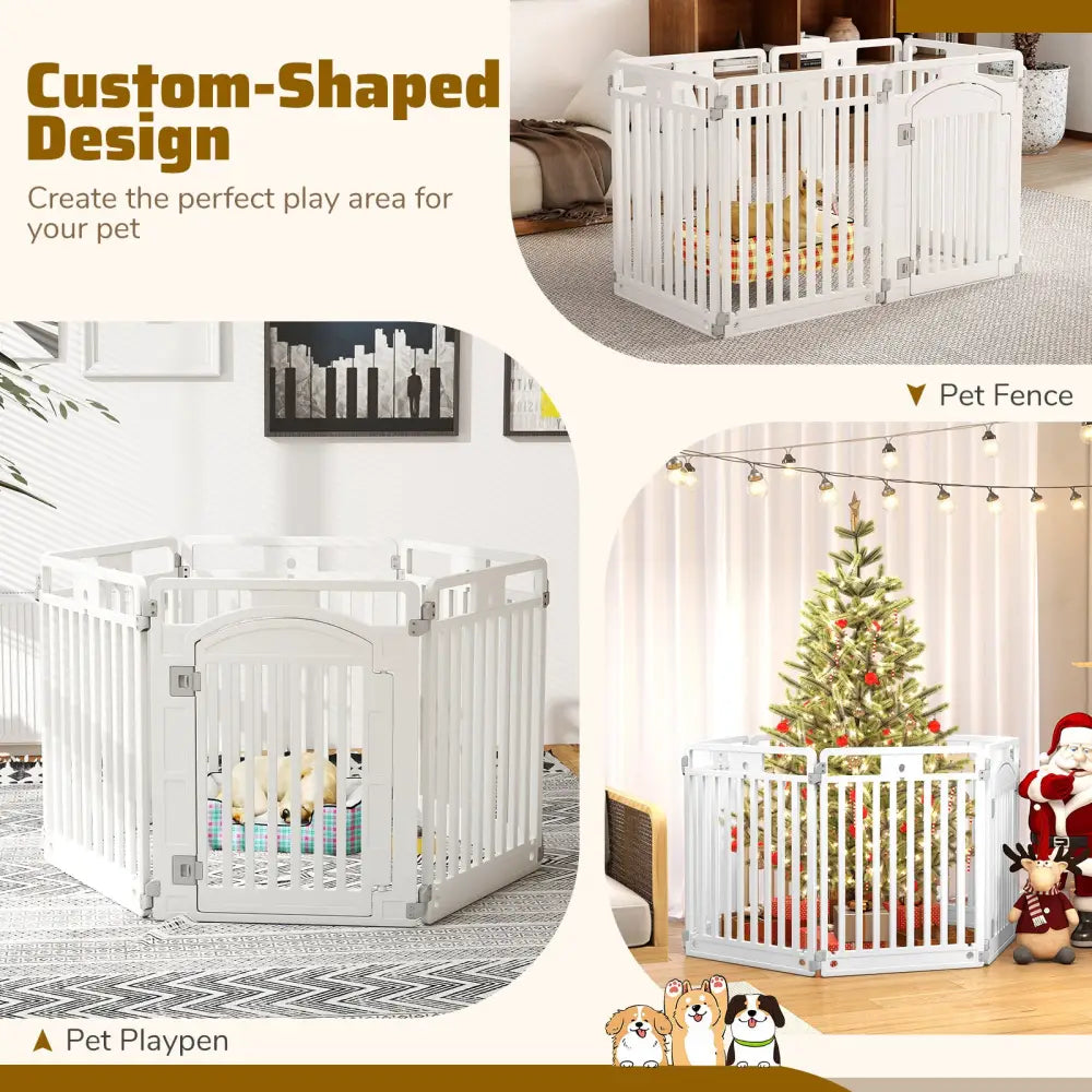 6-Panel Tall Dog Playpen Foldable Pet Fence with Locking Door-White - White - Pet Gate