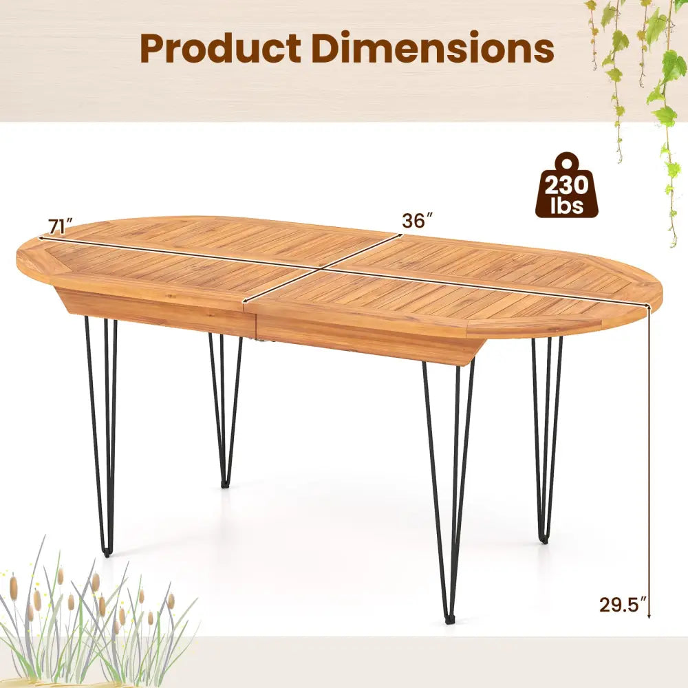 6 Person 71 Inch Patio Dining Table with Teak Wood Tabletop - Natural - Patio Dining Tables